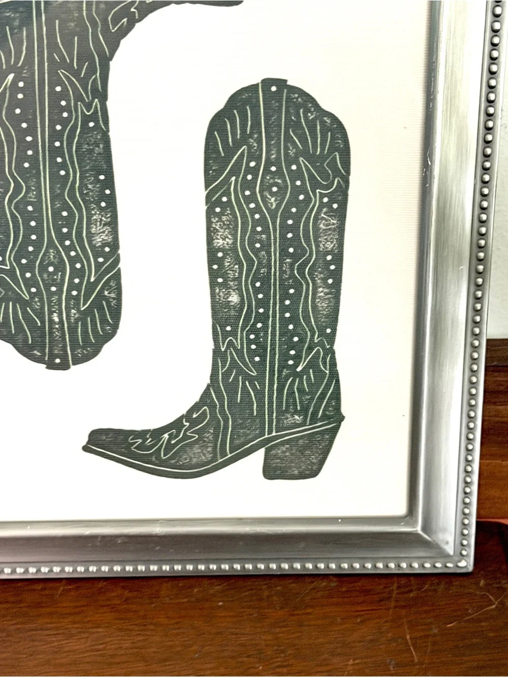 Dark Green Cowboy Boots Cowgirl Western Canvas Art Print Silver Metal Framed Art